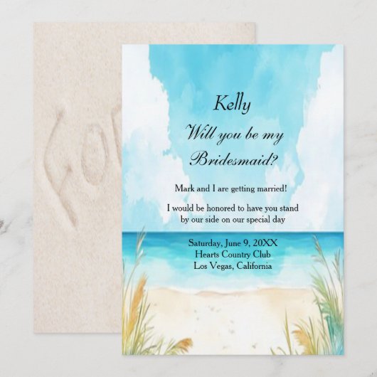 Invitation Watercolor Blue Ocean Beach Mariage Bridesmaid (Devant / Derrière)
