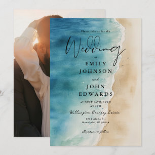 Invitation Watercolor Blue Ocean Beach Sand Photo Mariage