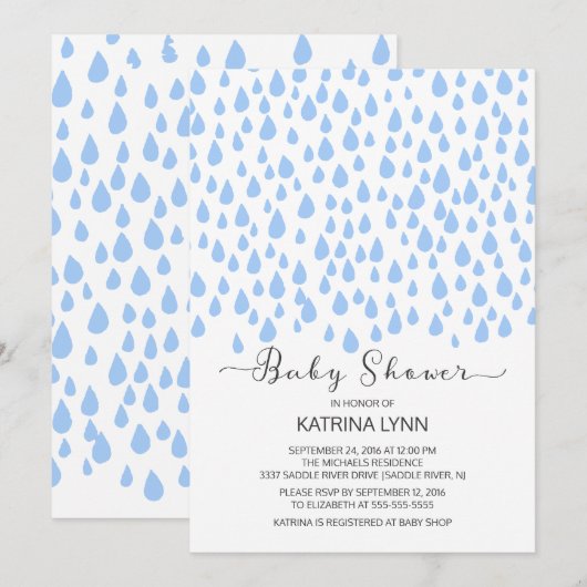 Invitation Watercolor Blue Raindrops Baby shower garçons (Devant / Derrière)