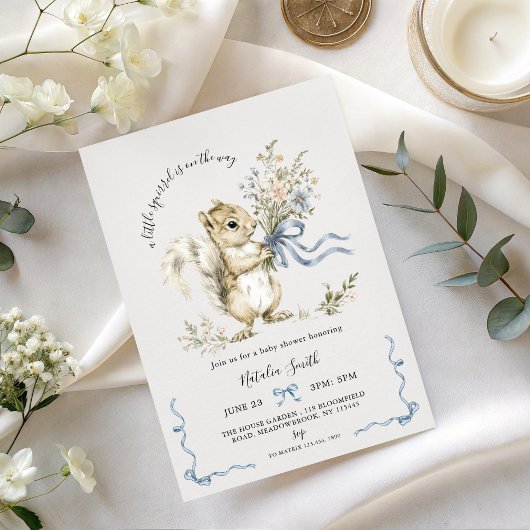 Invitation Watercolor Blue Ribbon Squirrel Baby Shower 