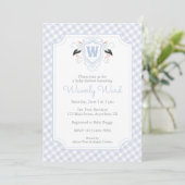 Invitation Watercolor Blue Stork Monogram Crest Baby Shower (Debout devant)