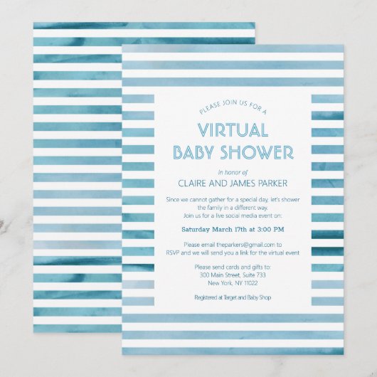 Invitation Watercolor Blue Stripes Baby shower virtuel (Devant / Derrière)