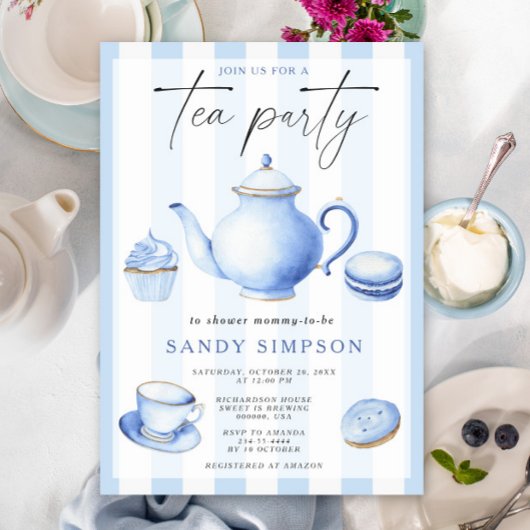 Invitation Watercolor Blue Tea Party Baby shower bébé