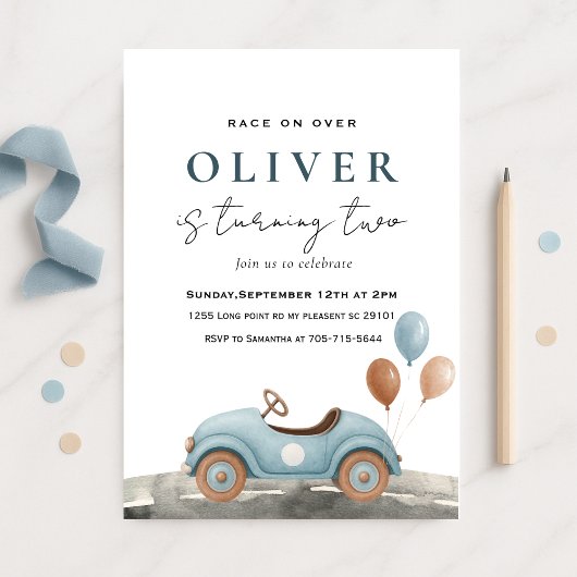 Invitation Watercolor Blue Toy Voiture Anniversaire