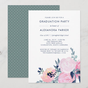Invitation Watercolor Blush et Navy Floral Graduation Party