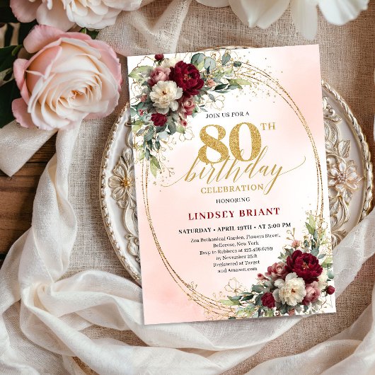 Invitation Watercolor Blush Floral Gold 80th Birthday Invite
