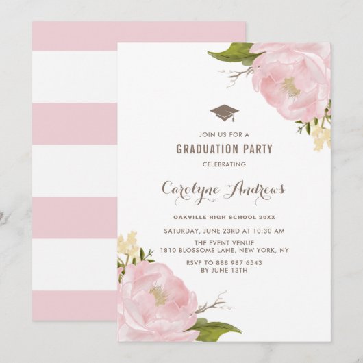 Invitation Watercolor Blush Pink Peonies Graduation Party (Devant / Derrière)