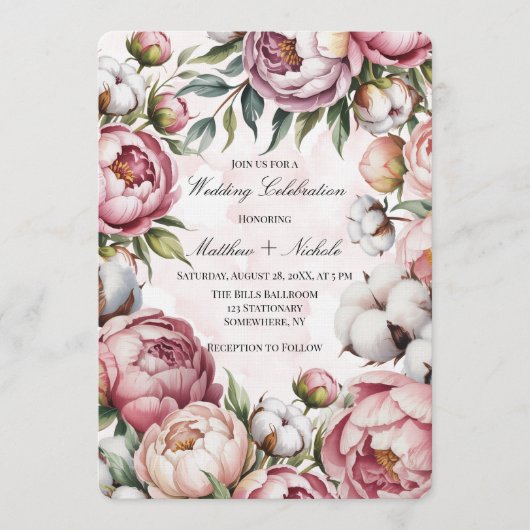 Invitation Watercolor Blush Pink Peony and Cotton Wedding (Devant)