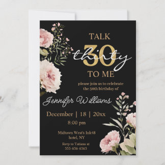 Invitation watercolor blush pink roses 30th birthday black