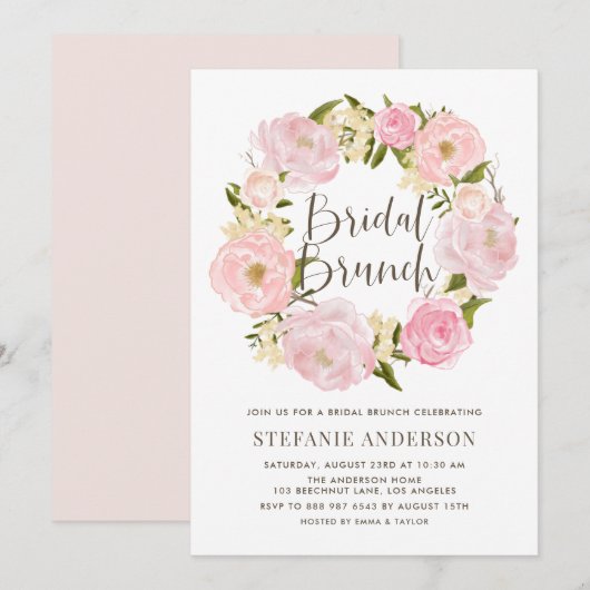 Invitation Watercolor Blush Pink Wreath Bridal Brunch (Devant / Derrière)