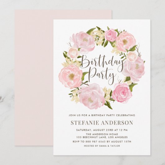 Invitation Watercolor Blush Pink Wreath fête d'anniversaire (Devant / Derrière)