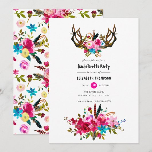 Invitation Watercolor Boho Chic Floral Bachelorette Party (Devant / Derrière)