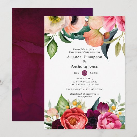 Invitation Watercolor Boho Floral Engagement Party (Devant / Derrière)