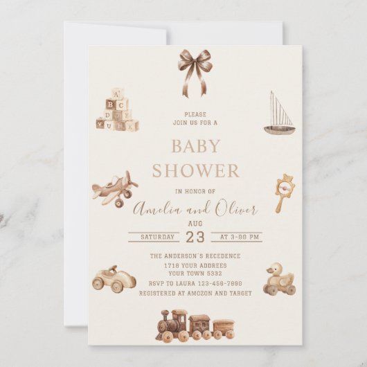 Invitation Watercolor Boho Nursery beige toys  baby shower (Devant)