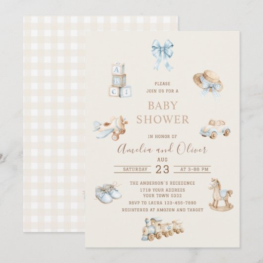 Invitation Watercolor Boho Nursery boy baby shower (Devant / Derrière)
