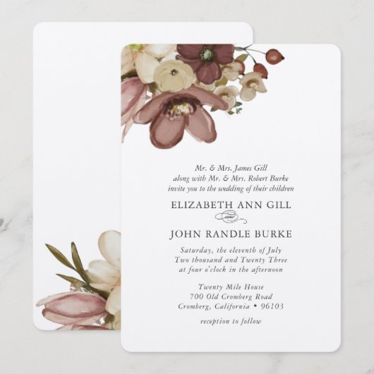 Invitation Watercolor Boho Rose & Neutral Wedding (Devant / Derrière)