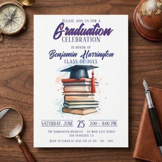 Invitation Watercolor Books and Cap Graduation Celebration