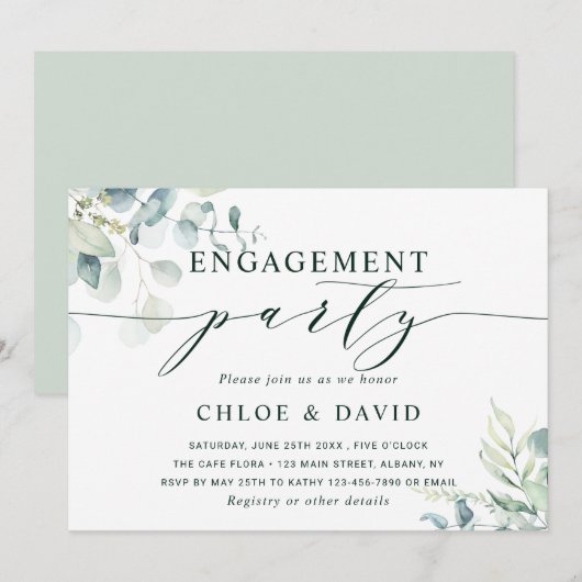 Invitation Watercolor Botanical Green Engagement Party (Devant / Derrière)