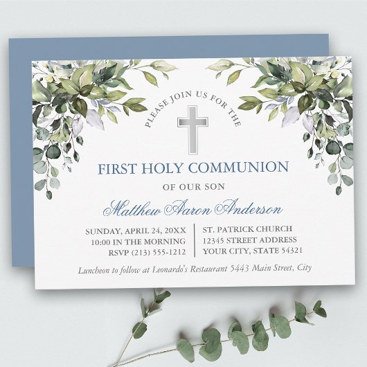 Invitation Watercolor Botanical Greenery Dusty Blue Communion