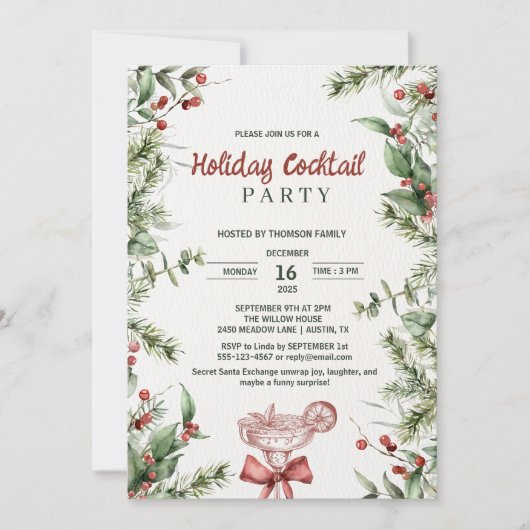 Invitation Watercolor Botanical Holiday Cocktail Party (Devant)