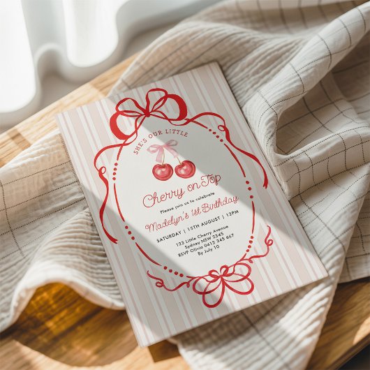 Invitation Watercolor Bow Cherry On Top Girl 1st Birthday