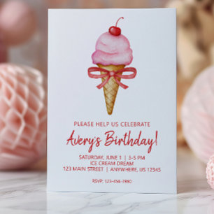 Invitation Watercolor Bow Pink Ice Cree Cone Party