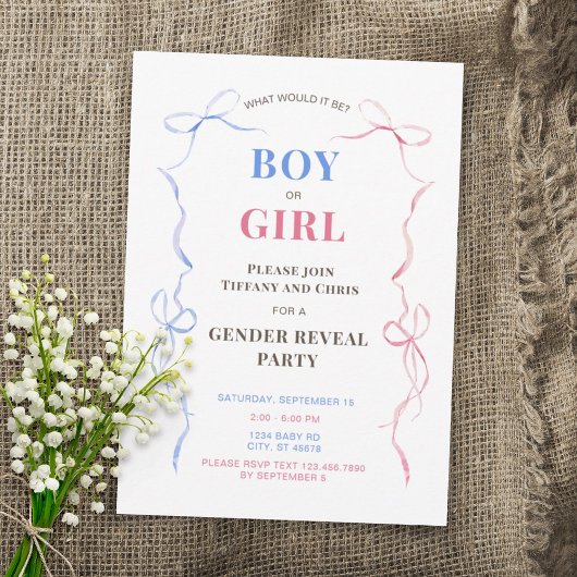 Invitation Watercolor Bows Baby Genre Reveal Party