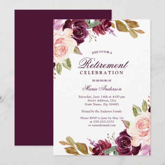 Invitation Watercolor Burgundy Berry Blush Retraite Party (Devant / Derrière)