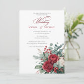 Invitation Watercolor Burgundy & Blush Roses Wedding  (Debout devant)