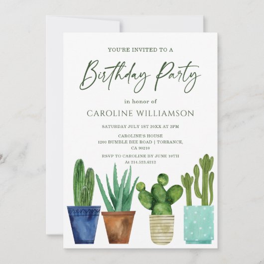 Invitation Watercolor Cactus House Plantes fête d'anniversair (Devant)