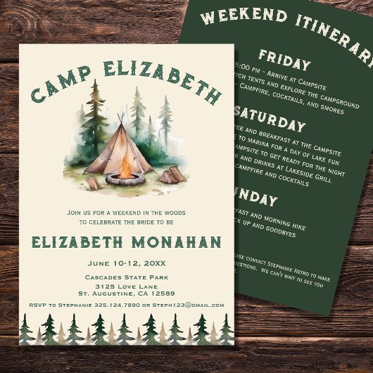 Invitation Watercolor Camping Bachelorette Week-end