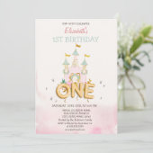 Invitation Watercolor Castle Flowers One 1st Birthday  (Debout devant)