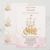 Invitation Watercolor Castle Flowers One 1st Birthday  (Devant / Derrière)
