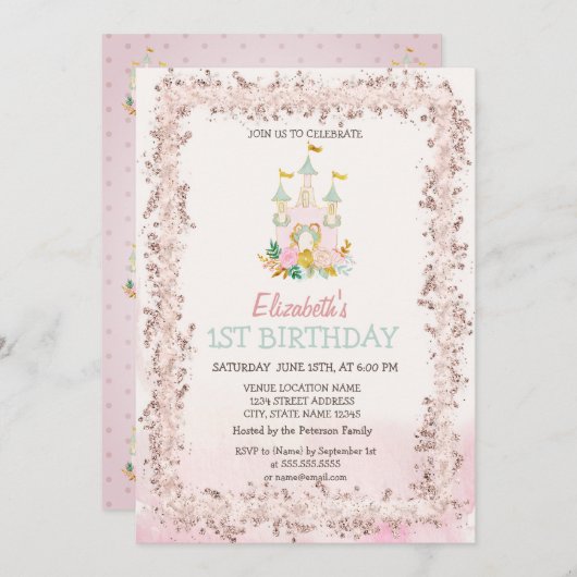 Invitation Watercolor Castle Parties scintillant Cadre Annive (Devant / Derrière)