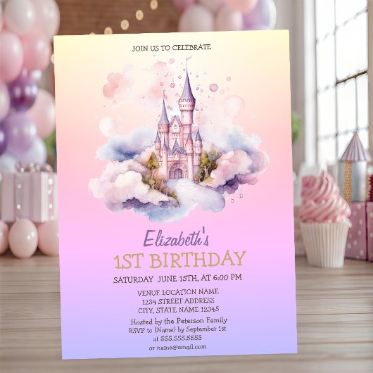Invitation Watercolor Castle Princess Ombre Anniversaire