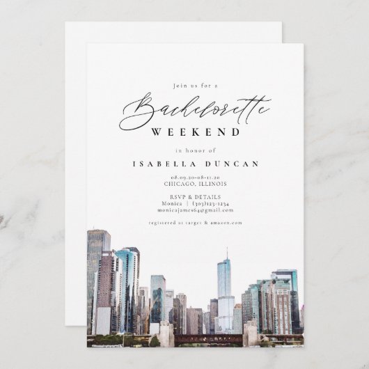 Invitation Watercolor Chicago Bachelorette Itinéraire et (Devant / Derrière)