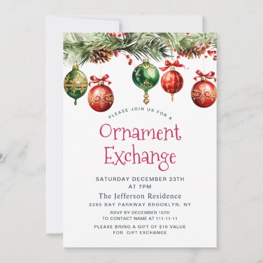 Invitation Watercolor Christmas Balls Orament Exchange Invit (Devant)