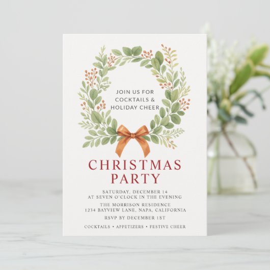 Invitation Watercolor Christmas Party Red Bow Wreath (Debout devant)