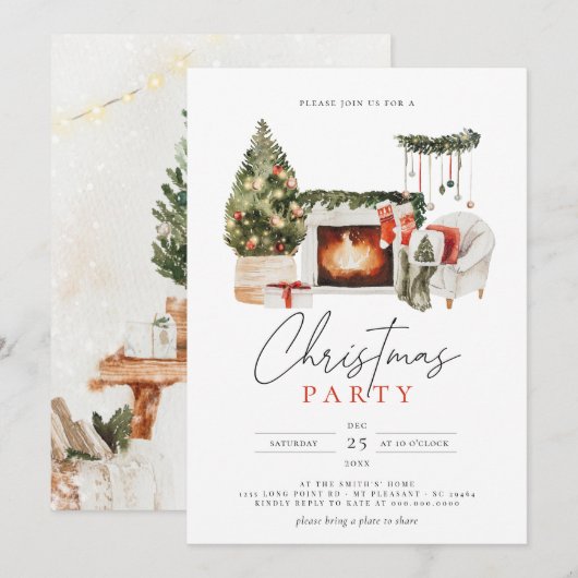 Invitation Watercolor Christmas Tree & Garland Holiday Party (Devant / Derrière)