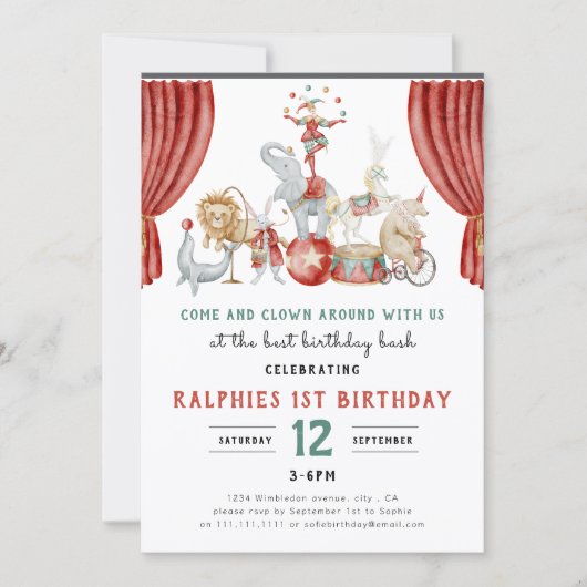 Invitation Watercolor Circus Elephant First Birthday (Devant)