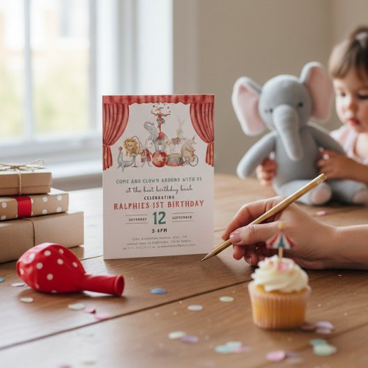 Invitation Watercolor Circus Elephant First Birthday