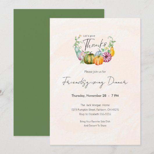 Invitation Watercolor Citrouille Friendsgiving Diner Party (Devant / Derrière)