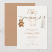 Invitation Watercolor Clothesline Neutral Baby Shower (Devant / Derrière)