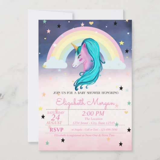 Invitation Watercolor Cloud Rainbow Stars Ombre Baby shower (Devant)