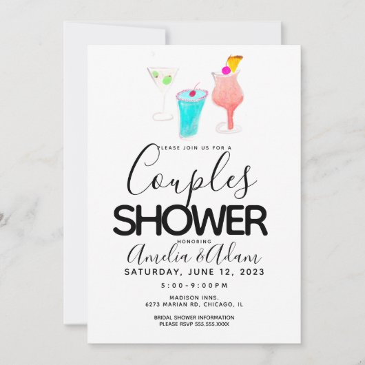 Invitation Watercolor Cocktail Painted Couples Shower Événeme (Devant)