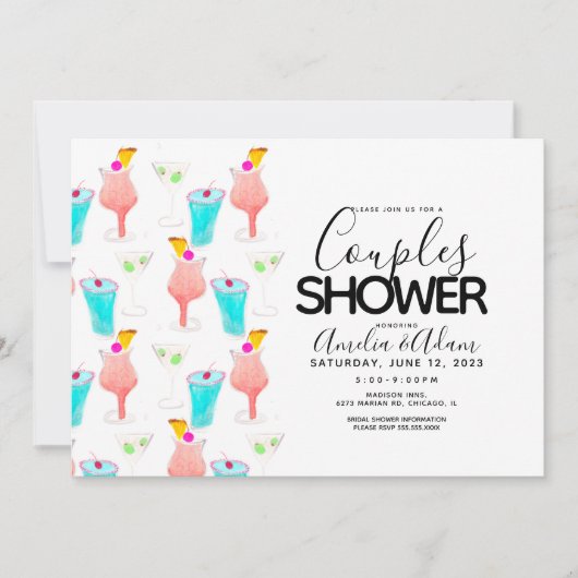 Invitation Watercolor Cocktail Painted Couples Shower Événeme (Devant)