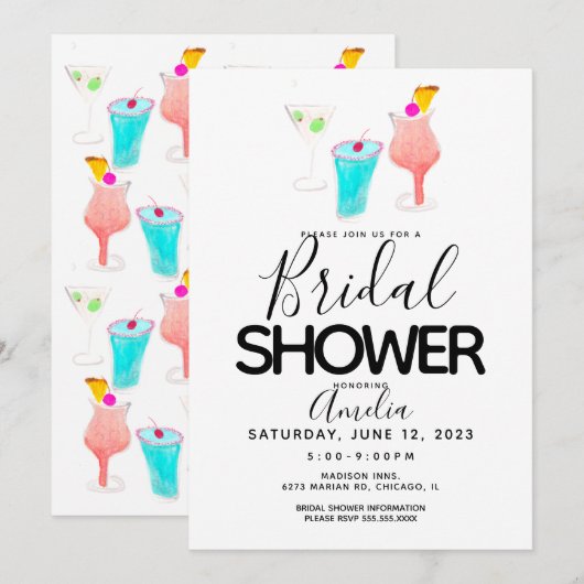 Invitation Watercolor Cocktail Painted Fête des mariées Event (Devant / Derrière)