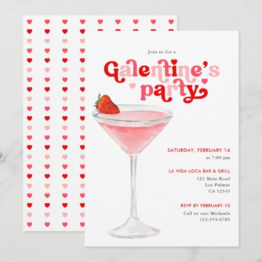 Invitation Watercolor Cocktail Retro Galentine's Day Party (Devant / Derrière)