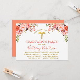 Invitation Watercolor Coral Floral Médicale Graduation Party