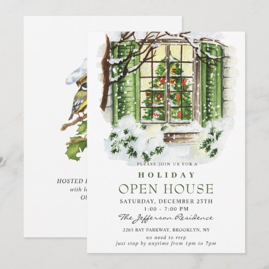 Invitation Watercolor Country Holiday Christmas Open House (Devant / Derrière)